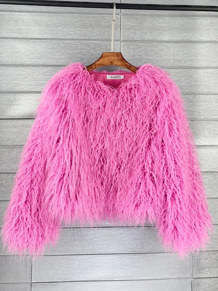 Colorful Warm Faux Women Fur Coat  Black White Pink Plush Coat Female Jacket Fur Autumn Winter Shaggy Outerwear High Street 2025 LadyShow.Store