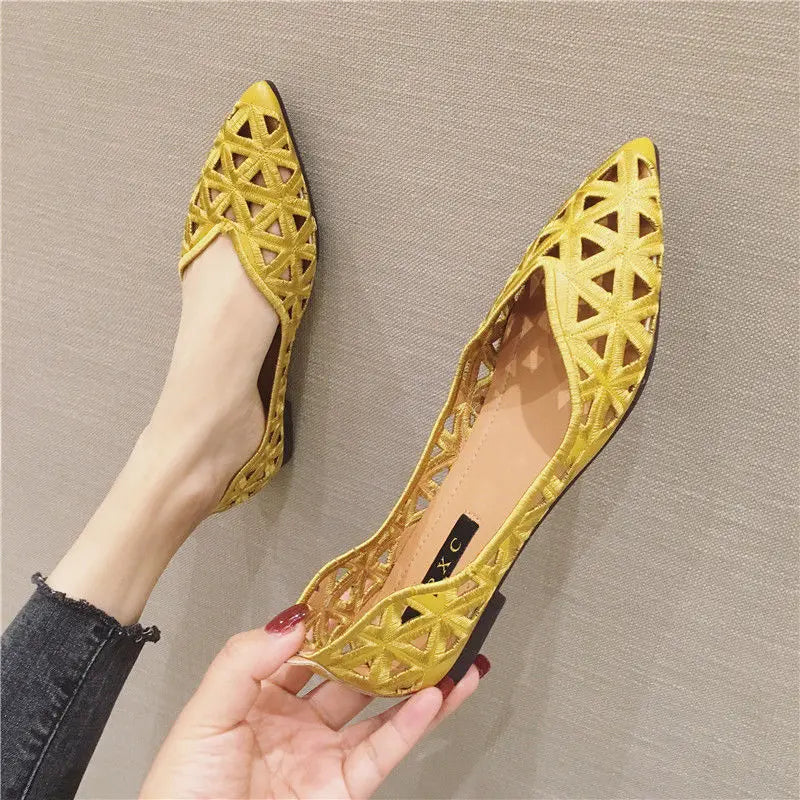 Flat Shoes Women 2026 Summer Pointy Joker Hollow Leisure Commuter Flat Spring Elegant Women's Shoes Breathable Hole Shoes Pi-Mart