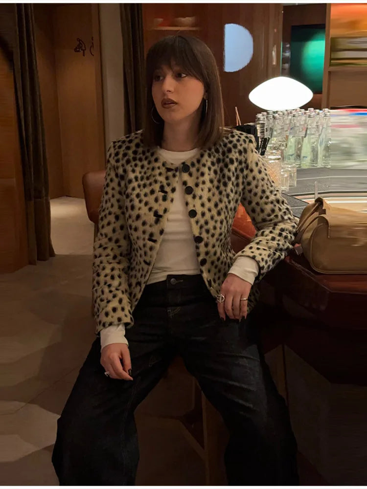 Retro Leopard Faux Fur Short Coat Lady Chic O-neck Single Button Placket Spotted Dot Cropped Long Sleeve Outerwear Street Jacket Pi-Mart