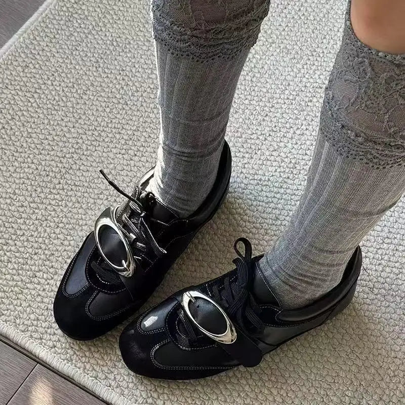 Korean Style Black Polka Dot Sneakers Women Spring 2026 Luxury Metal Decoration Designer Vulcanize Shoes Woman's Sports Shoes Pi-Mart
