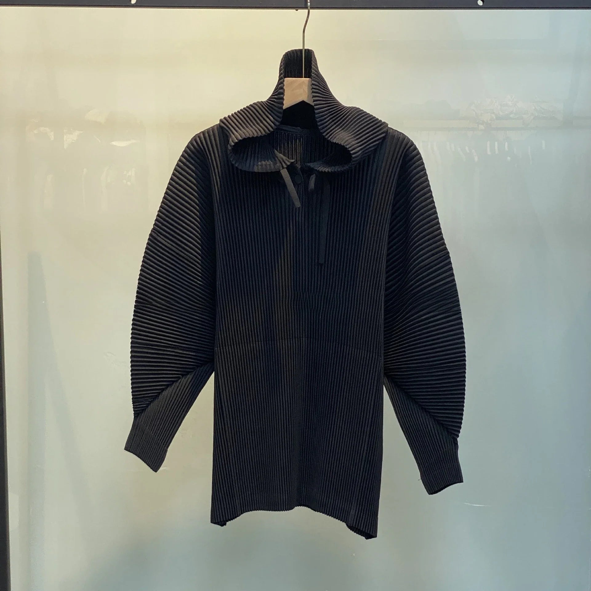 Miyake Pleated Sweatshirt Pit Stripe Zipper Standing Collar Jacket Women 2025 New Casual Pullover Hundred Pleat Skinny Tops LadyShow.Store
