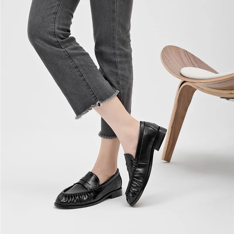 Lady Loafers 2026 Model Handcrafted Retro Pleated Single Shoes for Women, Women's Low-Heeled Leather Suede Shoes Pi-Mart