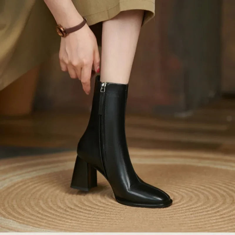 2024 Autumn and Winter New Fashion Square Head Retro High Thick Heel Side Zipper Skinny Short Boots Women's All-match Nude Boots Pi-Mart