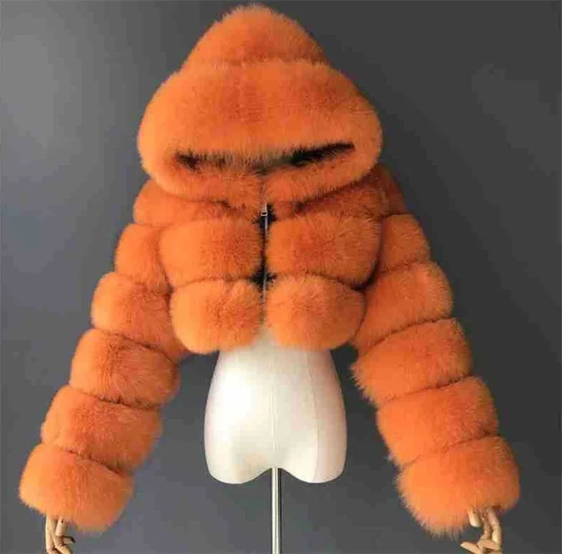 High Quality Furry Cropped Faux Fur Coats Jackets Women Fluffy Top With Hooded Winter Fur Jackets Fourrure Manteau Femme JH137 Pi-Mart