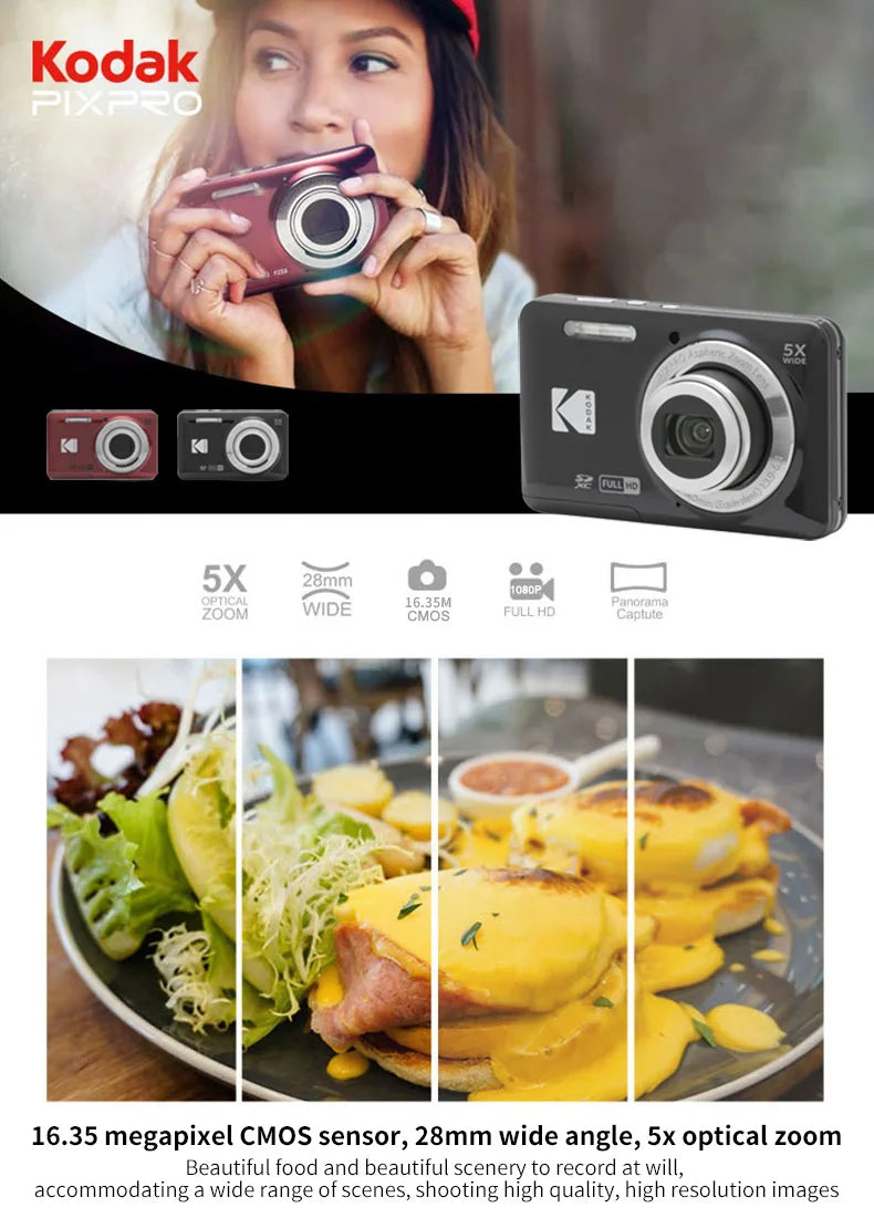 KODAK PIXPRO FZ55-RD 16MP Digital Camera 5X Optical Zoom 28mm Wide Angle 1080P Full HD Video 2.7" LCD Vlogging Camera Pi-Mart