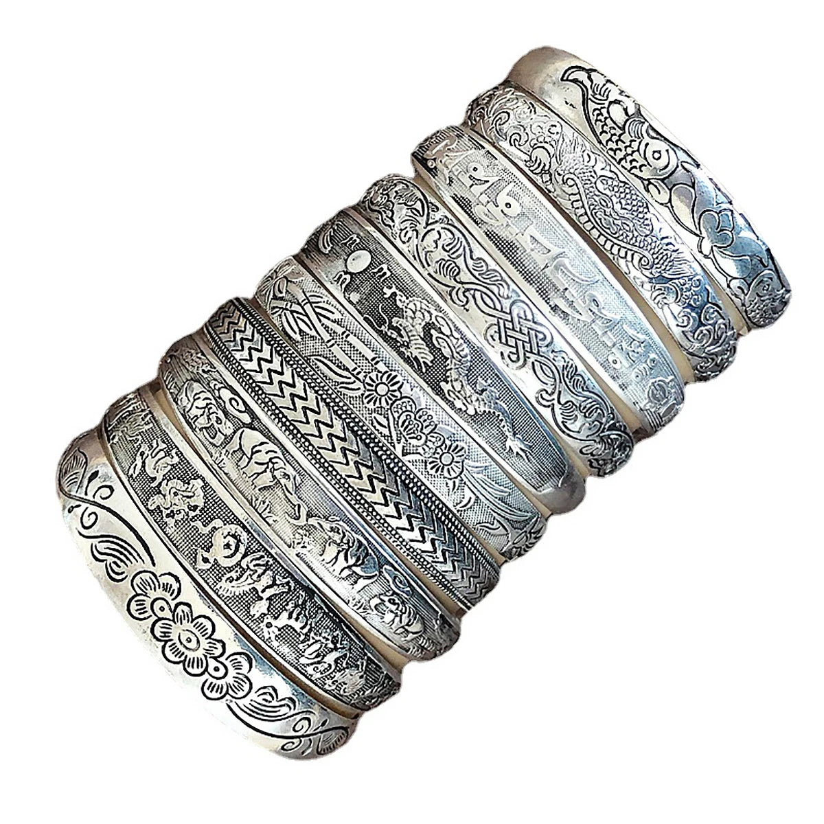 New Retro Cuff Bracelets Tibetan Silver Metal Carving Fish Elephant Flower Bangles Vintage Gypsy Jewelry Female Gifts Pi-Mart