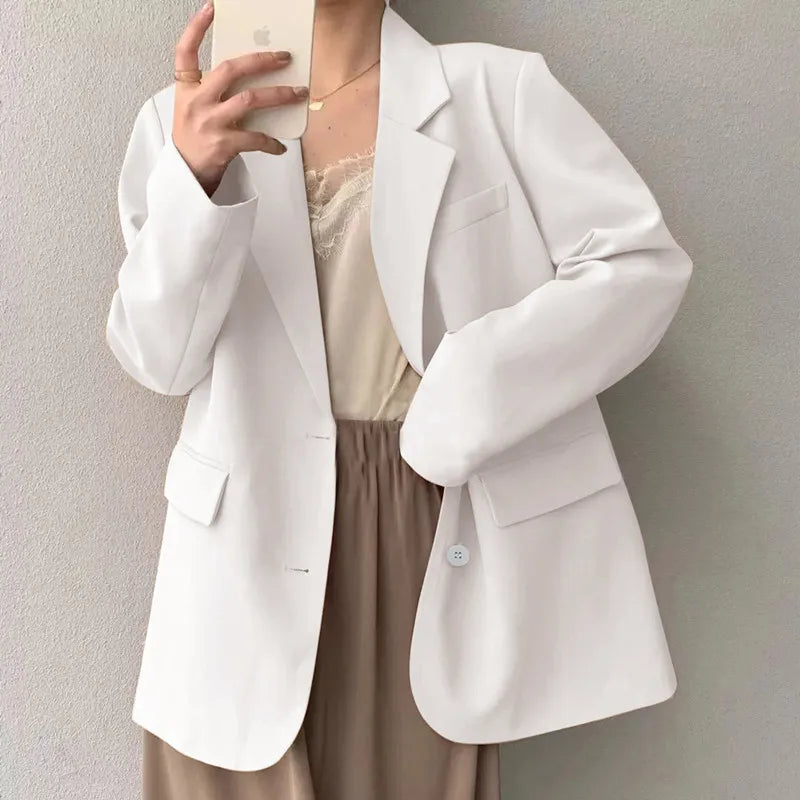Mid Length Blazer Jacket Women Solid Long Sleeve Pocket Lapel Single Beasted Formal Coat Outerwear Loose Work Casual Blazers Pi-Mart