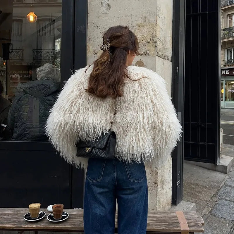 Neo Mint Chic Street Girls Round Neck Faux Mongolia Sheep Fur Coat Women 2025 Winter Fluffy Warm Fur Jacket Cropped Outerwear LadyShow.Store