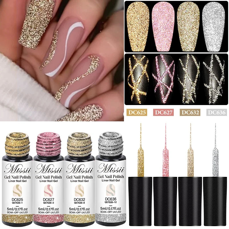 2/4/6pcs Reflective Glitter Liner Gel Nail Polish Set Pull Line Graffiti Painting Stripe DIY French Nails Design Painting Gel Tri Light Beauty