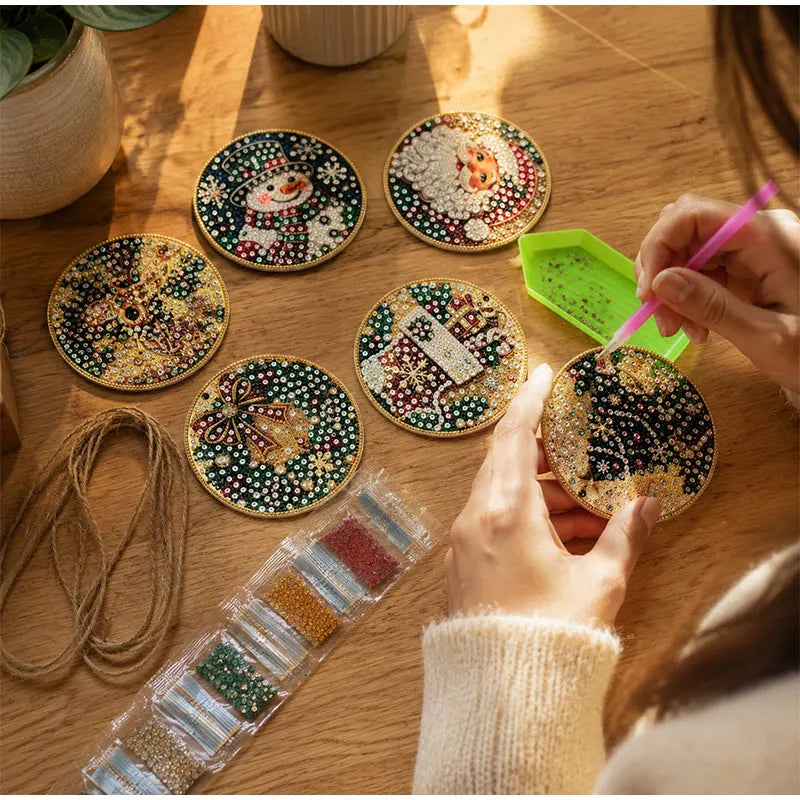 Christmas Diamond Painting Kit DIy Christmas Wooden Ornaments Xmas Snowman Reindeer Hanging Decor Relaxing Project Holiday Gifts Pi-Mart