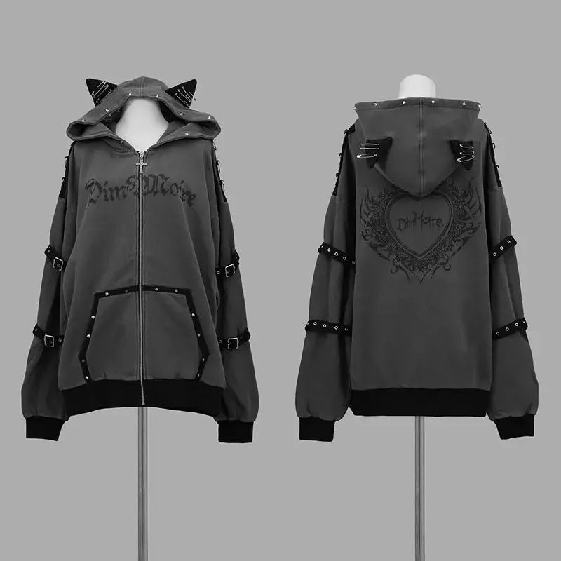 Streetwear Harajuku Hoodies Jackets Women's Clothing Hooded Punk Zipper Coat Japanese Rivet Print Fashion Casual Y2k Sweatshirts LadyShow.Store