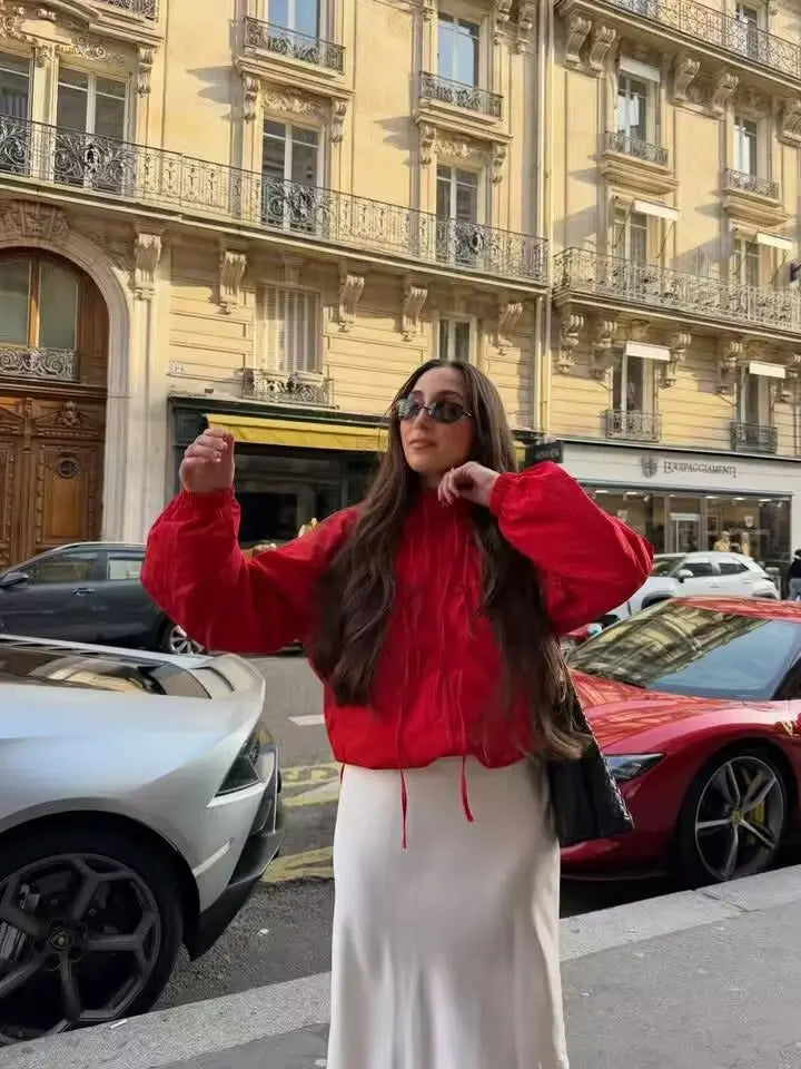 Women's Jacket 2026 Autumn New Red Long-Sleeve Drawstring Decorative Festive Hoodie Zipper Cardigan Casual Fashion Versatile Pi-Mart