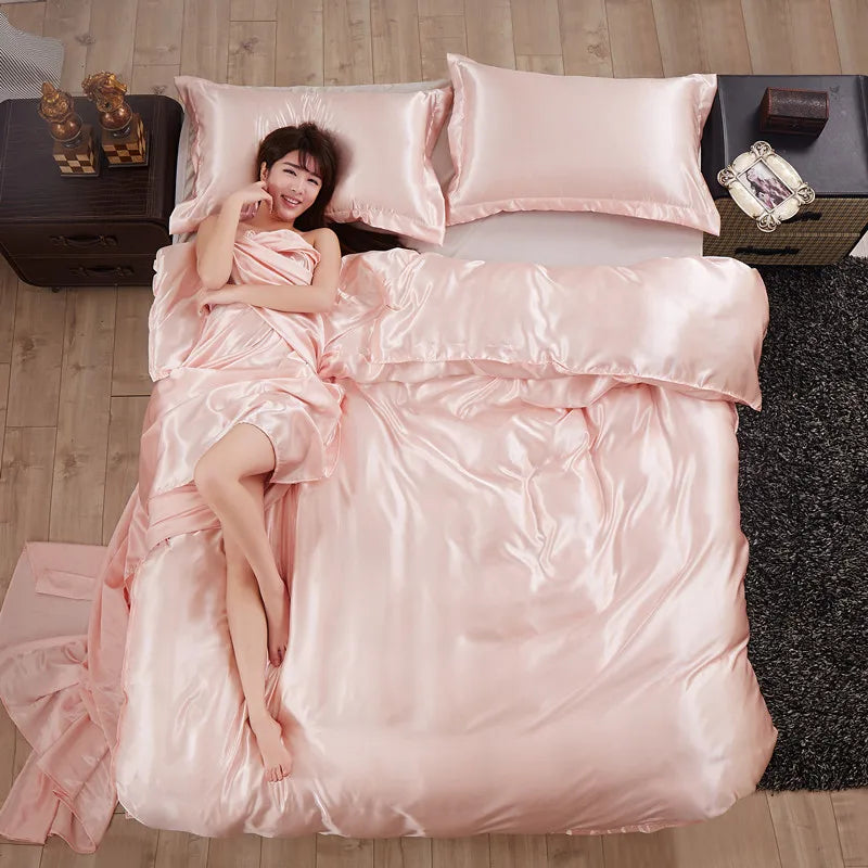 A/B Double-Sided Color Bedding Set Silky Satin Duvet Cover Bed Sheet Pillowcase Luxury Bedsheet King Queen Double Twin Size LadyShow.Store