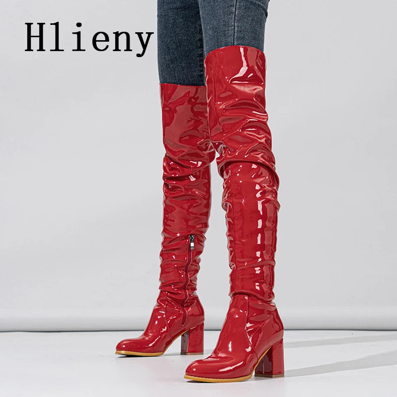 Hlieny 2026 Winter New Thigh High Boots Fashion Patent Leather Round Toe Zip Female Square Heels Pleated Design Women's Shoes Pi-Mart