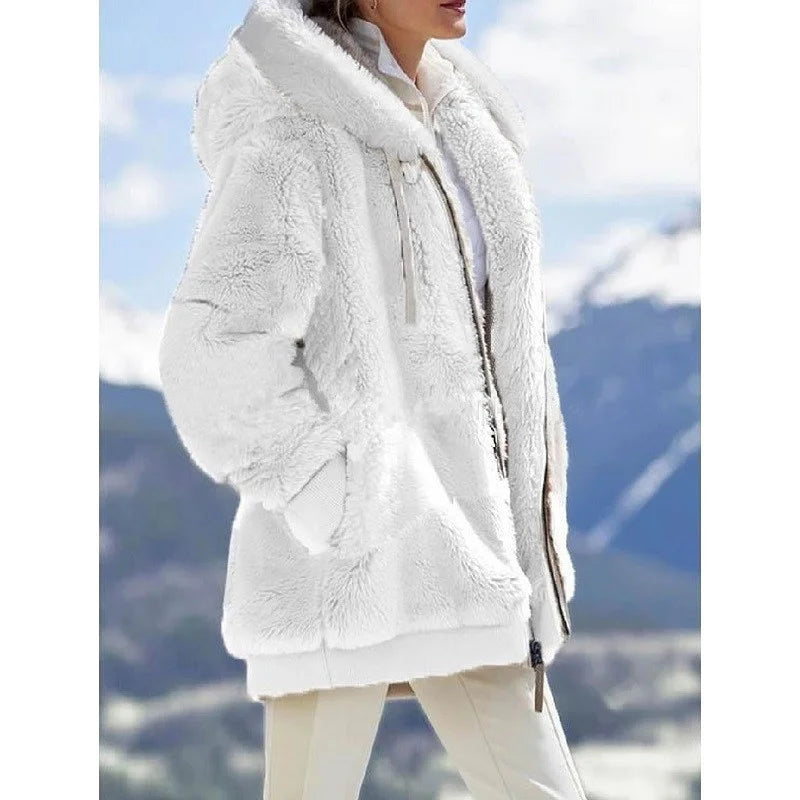 Women Winter Warm Faux Fur Jacket Plush Coat New Casual Hooded Fashion Zipper Soft Fleece Cashmere Jackets Female Thick Clothing LadyShow.Store