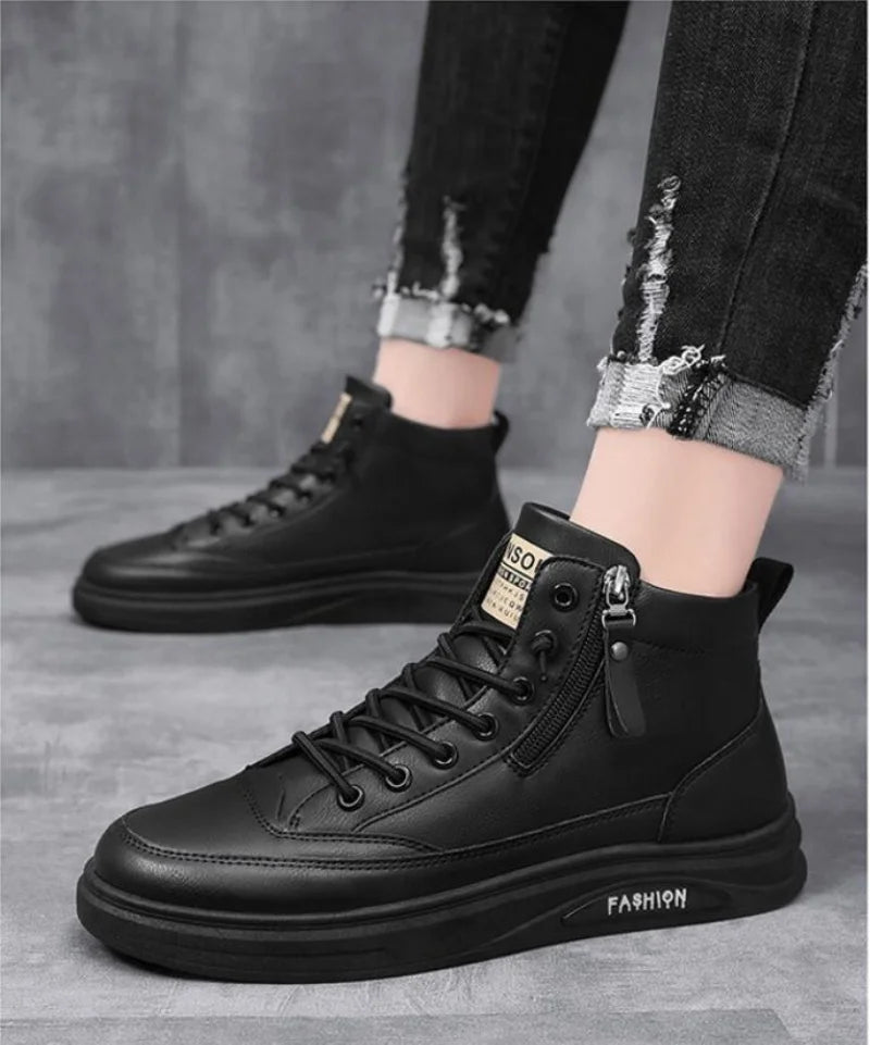 Men Boots Autumn High Top Leather Casual Shoes Fashion Cotton Shoes Flat Ankle Boots Business Outdoor Shoes Man Sneakers New Pi-Mart