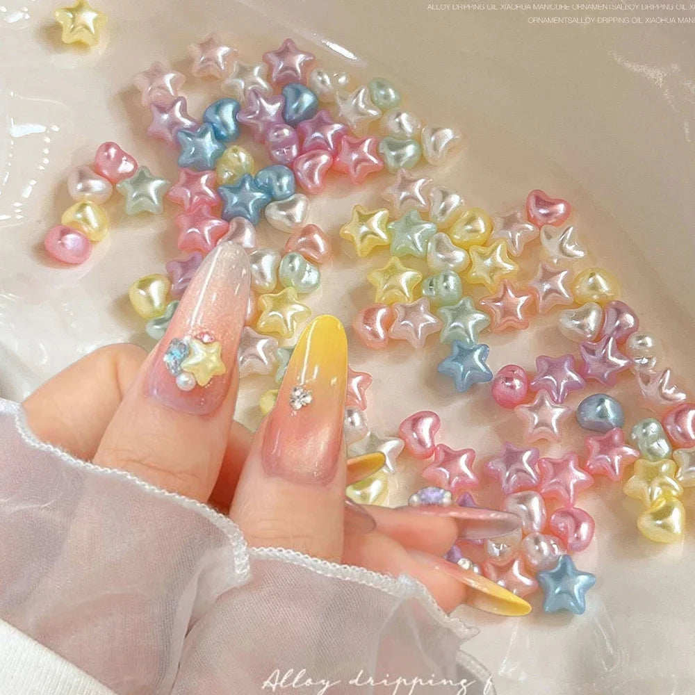 100PCS 2PACKS Macaron Star Heart 3D Pearlescent Pearl Rhinestone Nail Charms Mixed Color 6.5*10mm for Manicure DIY Love Heart Pi-Mart