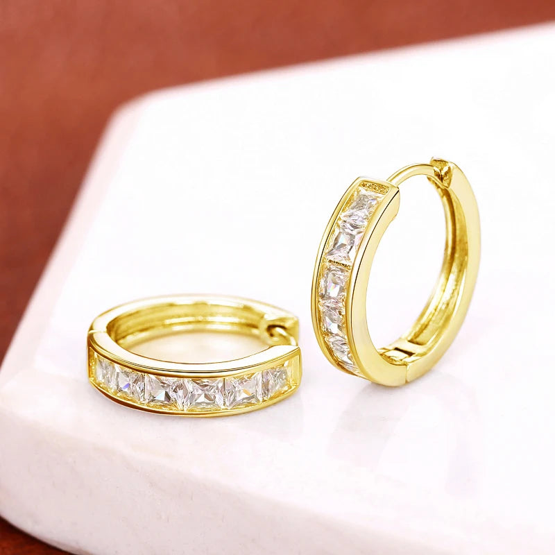 Huitan Hoop Earrings with Princess Cubic Zirconia Exquisite Ear Circle Earrings for Women Silver Color Fashion Versatile Jewelry Pi-Mart