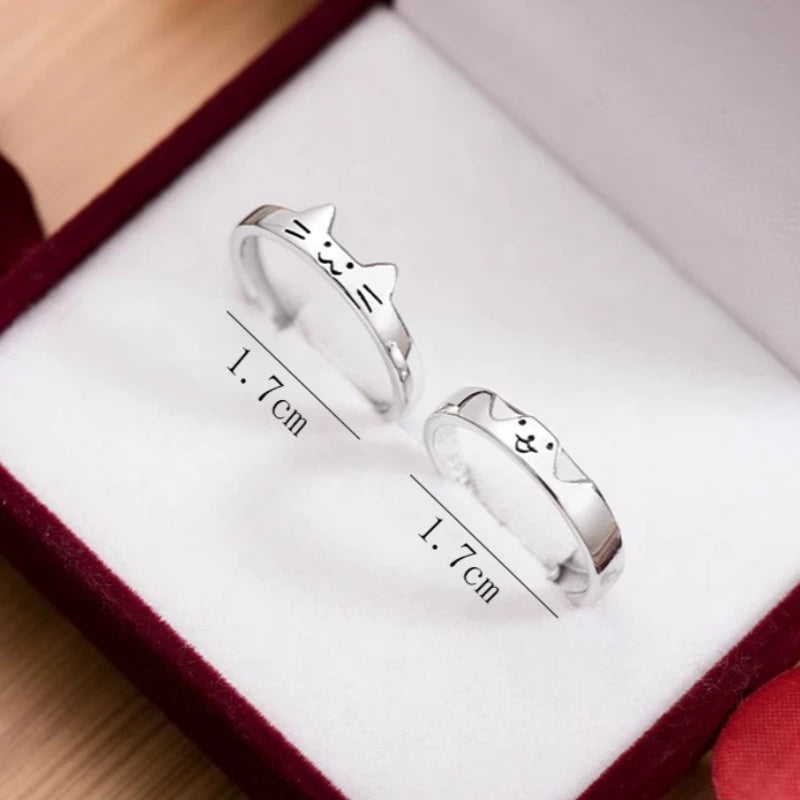 2pcs Simple Design Cute Cat Dog Animal Adjustable Couple Ring for Women Men Cartoon Fashion Couple  Friends Rings Jewelry Gifts Pi-Mart
