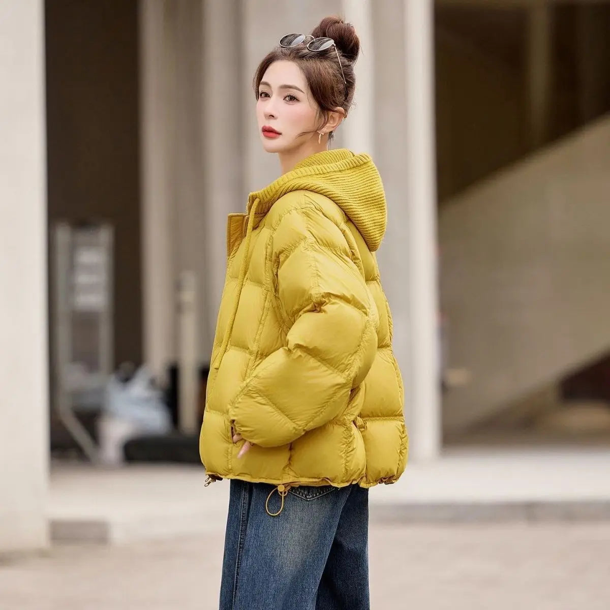 Femme Korean Cotton Padded Outwear 2026 New Autumn Winter Women Casual Knitted Hooded Puffer Jacket Fake Two-piece Warm Parkas LadyShow.Store