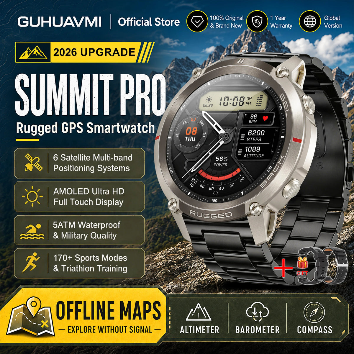 2026 Military Satellite Offline Map GPS Smart Watch Men 1.43''AMOLED Bluetooth Call Compass 5ATM Waterproof 170+Sport Smartwatch Pi-Mart