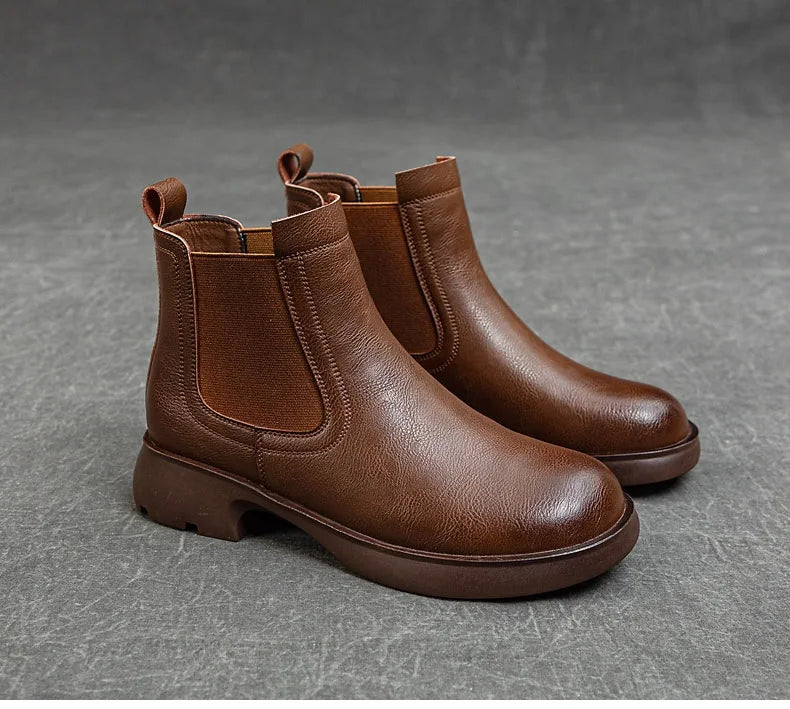 DRKANOL Fashion Women Thick Heel Ankle Boots Autumn Winter Warm Shoes Round Toe Real Cowhide British Style Slip On Chimney Boots Pi-Mart