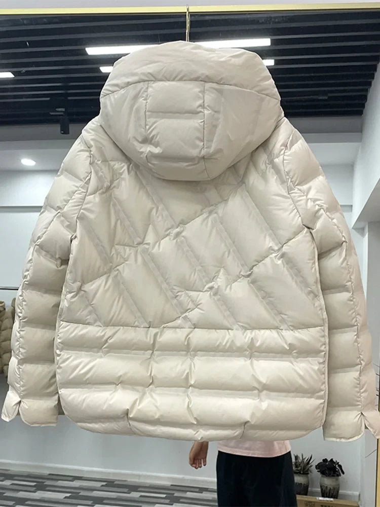 Winter Women 90% White Duck Down Coat Female Stand Collar Single-Breasted Puffer Jacket Casual Loose Hooded Parkas Coat Women LadyShow.Store