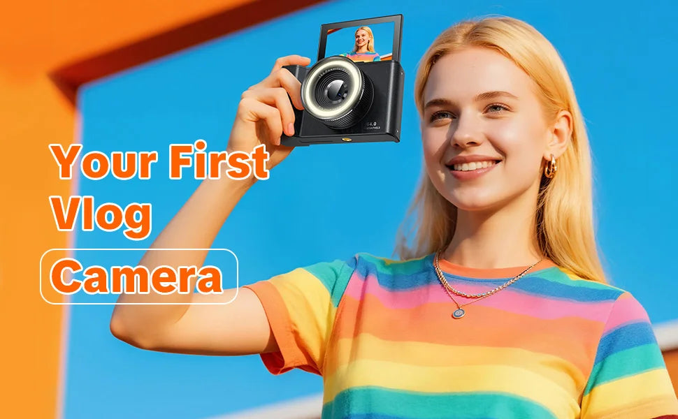 4K Digital Camera for Photography,4k Camera with Ring Light，180° Flip Screen Camera for Vlogging with Beauty Mode,Point and Shoot Digital Cameras for Beginner with SD Card，Christmas Gift Pi-Mart