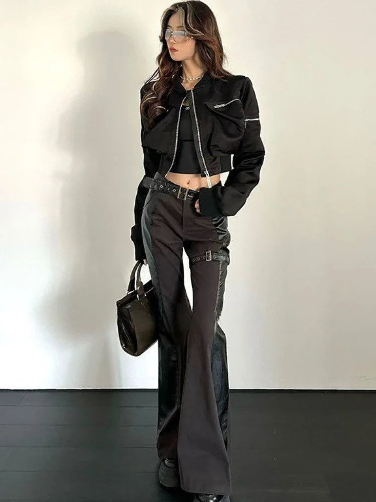 Y2k Bomber Jacket Women Baseball Jersey Jacket Zip Cropped Coat High Waist Spring Autumn Long Sleeve Outerwear Trend Tops Black LadyShow.Store