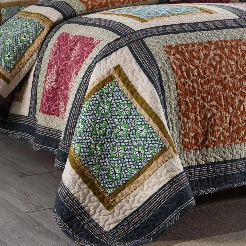 Vintage Patchwork Cotton Quilt Set 3PCS King/Queen - All-Season Thin Comforter Bedspread,Breathable Quilted Coverlet Bedding Pi-Mart