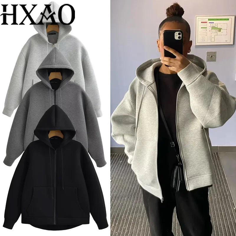HXAO Hoodie Woman Outerwears Long Sleeve Demi-Season Women Jacket Coat Casual Sweatshirt With Zipper Grey Black Jacket Coats Pi-Mart