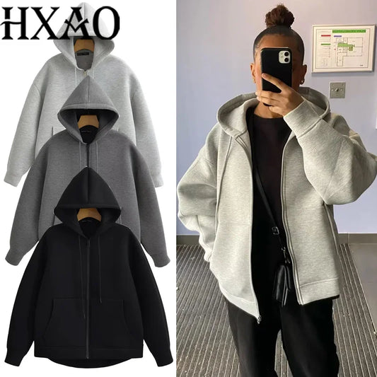 HXAO Hoodie Woman Outerwears Long Sleeve Demi-Season Women Jacket Coat Casual Sweatshirt With Zipper Grey Black Jacket Coats Pi-Mart