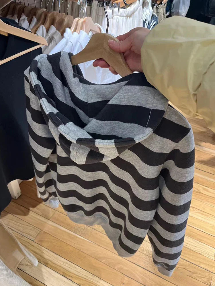 Striped Patchwork Zip-up Hoodie Autumn Cotton Pocket Drawstring Hooded Sweatshirt Women Y2k Streetwear Vintage Loose Tops Jacket LadyShow.Store