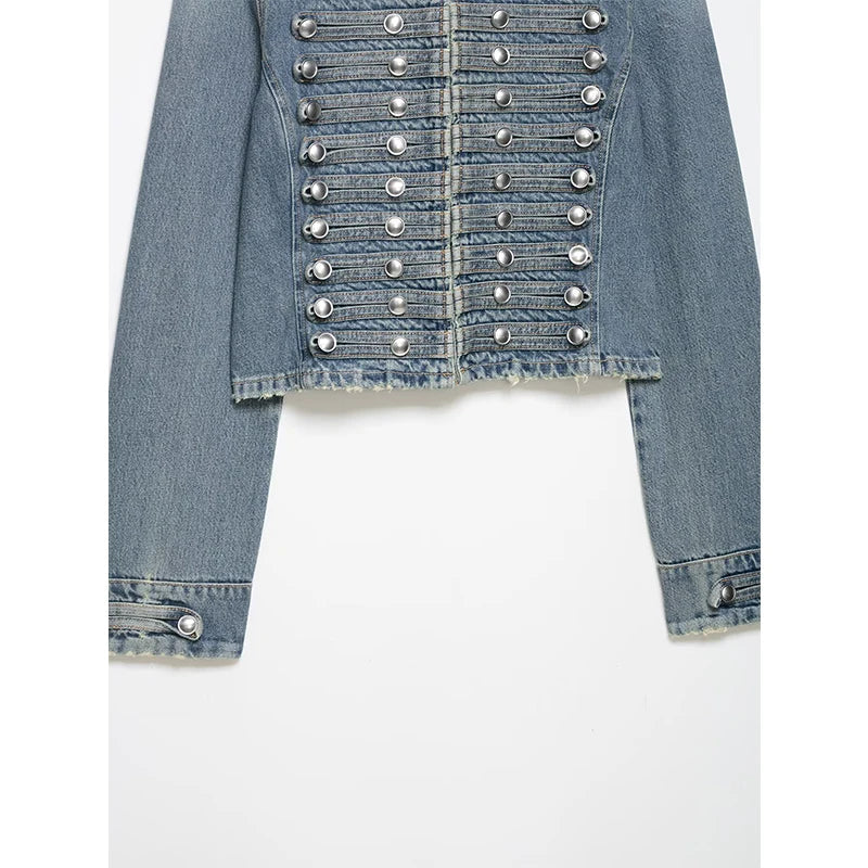 YENKYE Women's Cropped Denim Jacket Front Button Frayed Hem Stand Collar Streetwear Coat LadyShow.Store