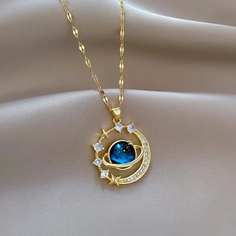 Stainless Steel Clavicle Chain Exquisite Starry Sky Planet Light Luxurious Temperament Gorgeous Necklace Star and Moon Versatile Pi-Mart