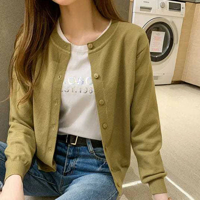 Rimocy Knitted Cardigan Jacket Women 2025 Spring Autumn Round Neck Casual Cardigans Woman Solid Color Slim Korean Jumpers Female LadyShow.Store