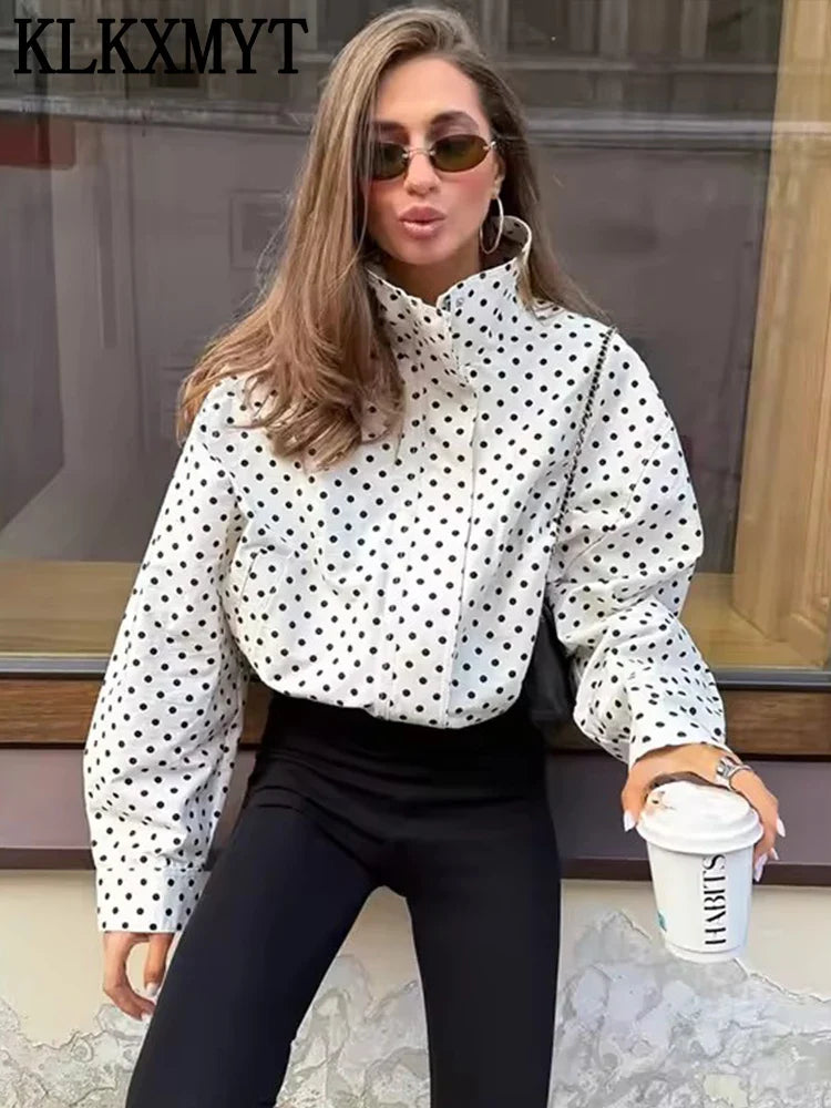 Polka Dot Print Short Coats Women's High Street Long Sleeve Jackets for Women 2026 Elegant Office Ladies Casual Outerwear LadyShow.Store
