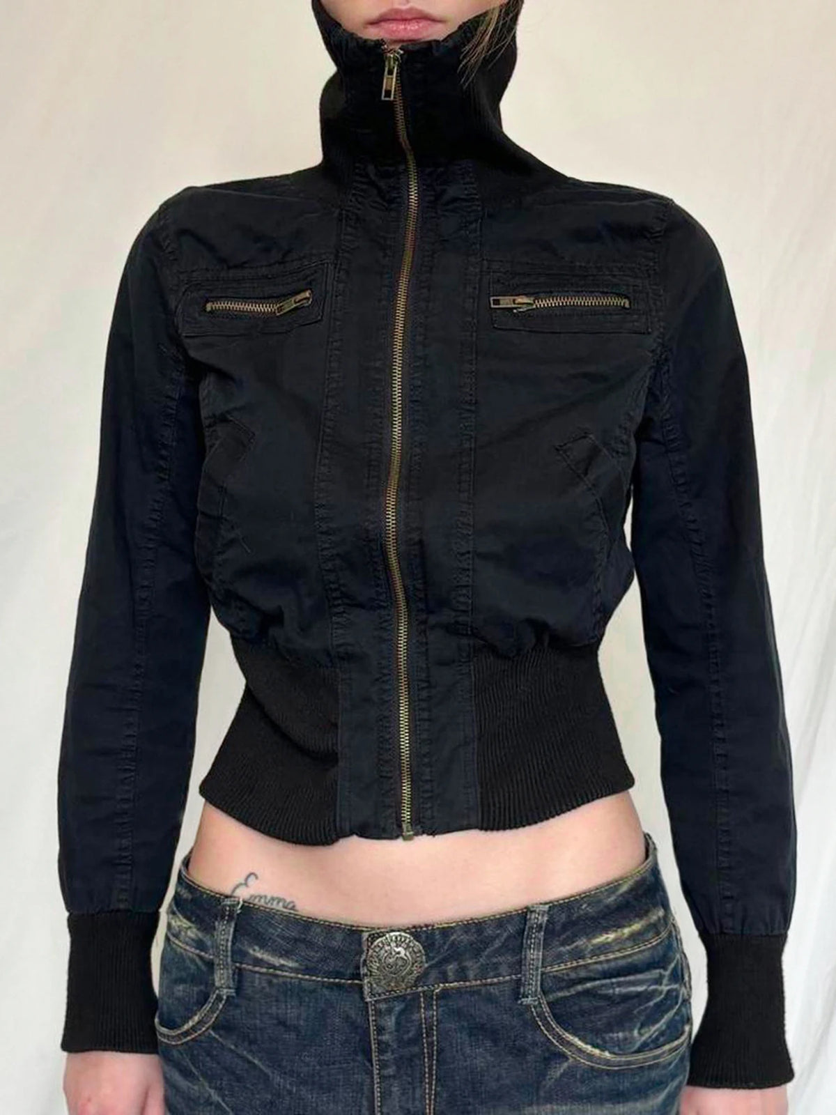 Vintage Cropped Jackets Women Harajuku Casual Slim Fit Zipper Coat Y2K Streetwear Long Sleeve Outerwear Autumn New Arrival Pi-Mart