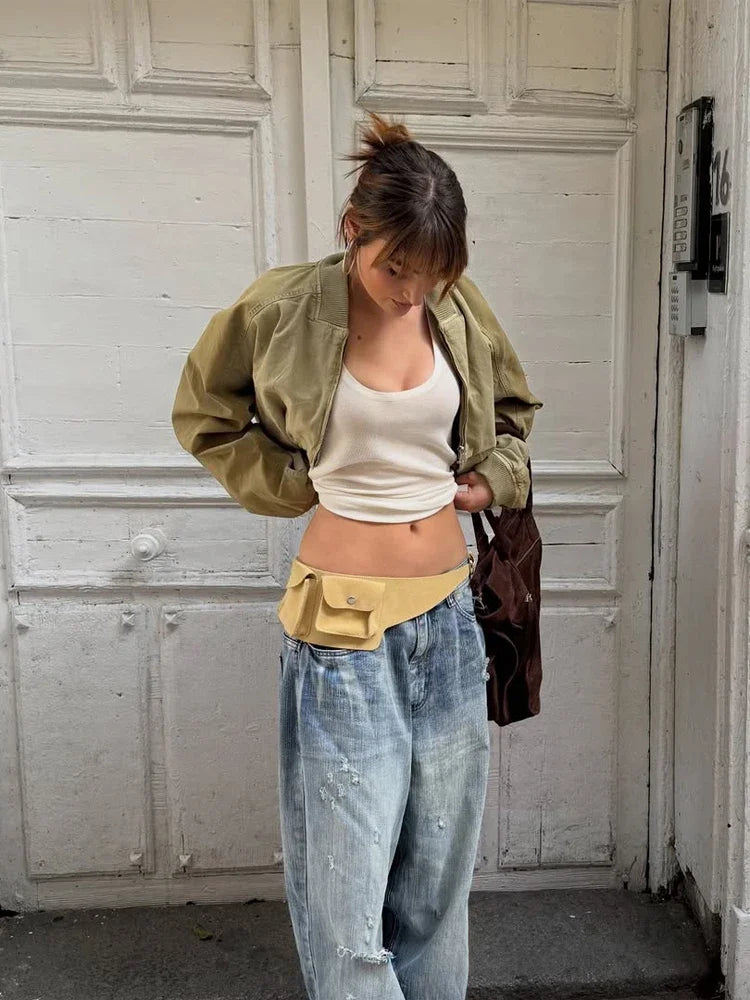 Fashion Short Bomber Jacket Women Casual Long Sleeve Round Neck  Zipper Loose Cropped 2026 Jackets Lady Spring Street Outerwear LadyShow.Store