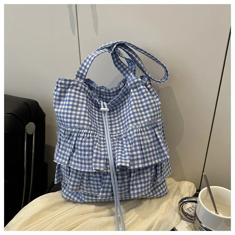 Large Capaci Cute Plaid Cotton Tote Bag  Lace Trim Women's Summer 2025 Simple Lady Handbag Soft Shoulder Bags Bolsa Feminina Pi-Mart