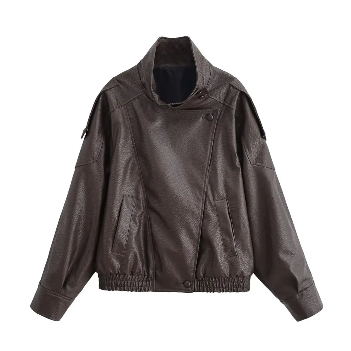 HH Autumn Faux Leather Jacket For Women Casual Solid Long Sleeve Zipper Pu Leather Coats New Fashion Female Streetwear Pi-Mart