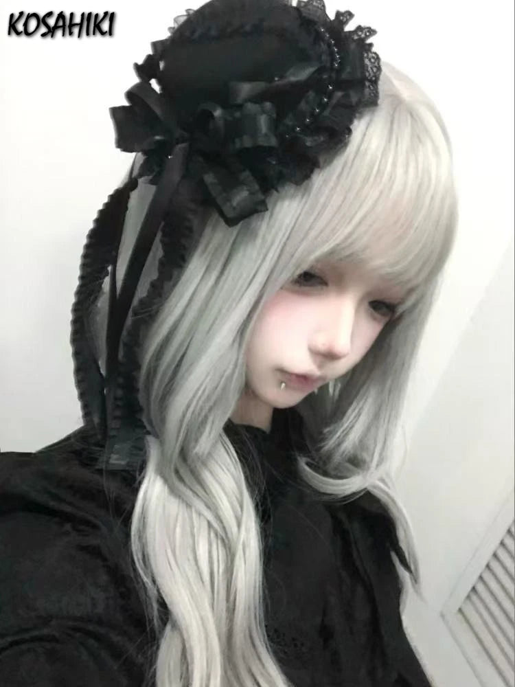 Gothic Lolita Lace Patchwork Headdress Women Cosplay Party Headband Gothic Bow Hat Japanese Y2k Aesthetic Hair Accessories Pi-Mart