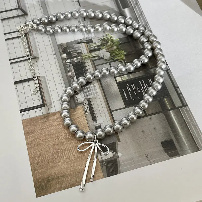 Fashionable Choker with Pendant Graceful Bowknot Pendant Choker Necklace with Gray Pearls Neck Jewelry Accessories Pi-Mart