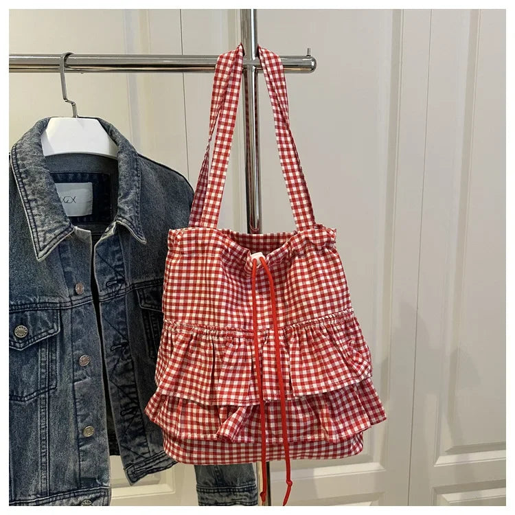 Large Capaci Cute Plaid Cotton Tote Bag  Lace Trim Women's Summer 2025 Simple Lady Handbag Soft Shoulder Bags Bolsa Feminina Pi-Mart