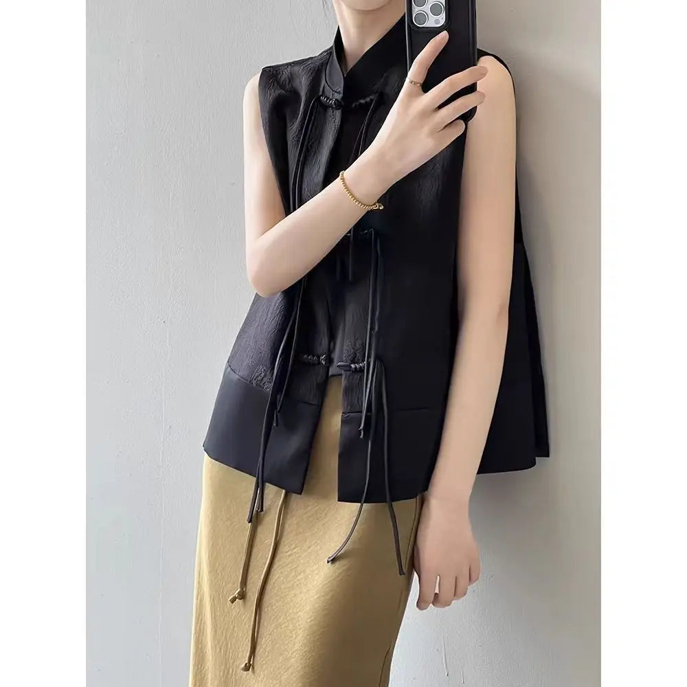 2026 spring new chinese new style plate buckle waistcoat jacket jacquard stand collar sleeveless retro women cheongsam waistcoat Pi-Mart