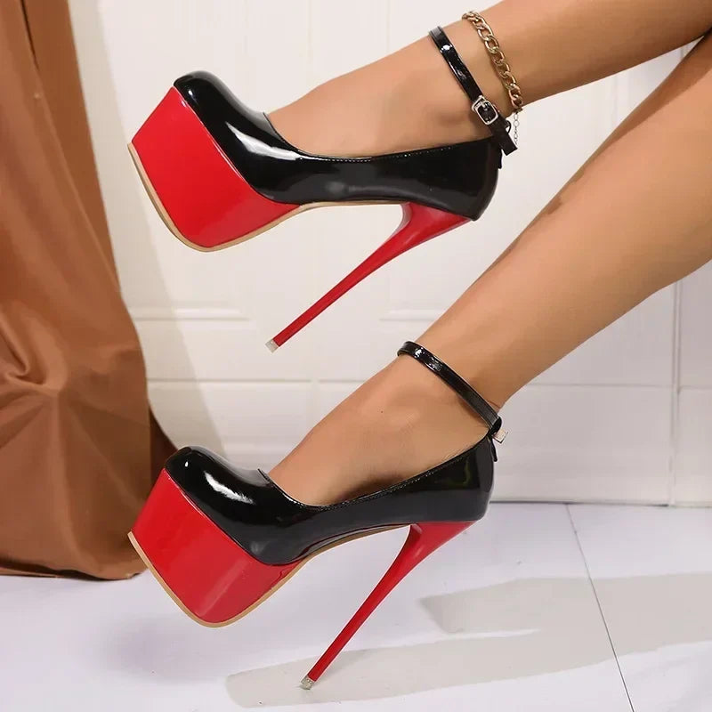 Fashion Pink Stiletto Heel Pumps Women Plus Size Super High Heel Shoes Woman Patent Leather Ankle Buckle Party Shoes 45 LadyShow.Store