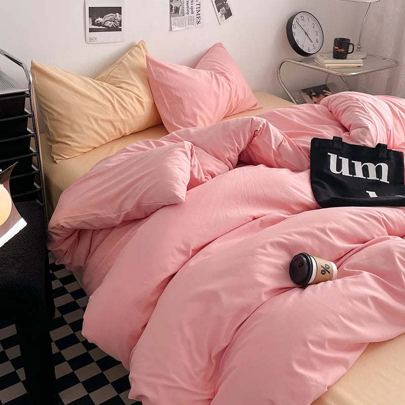 Washed Cotton Bed Linen Bedding Set 4 Pieces Bed Sheets Set Solid Color Comforter Cover Couple Queen King Size Bed Quilt Cover LadyShow.Store
