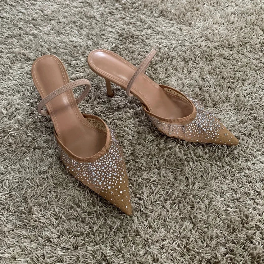 New Summer Women's Sandals Rhinestone Bright Mesh High Heels Footwear Elegant Slingback Pointed Slip on Party Lady Pumps Shoes LadyShow.Store