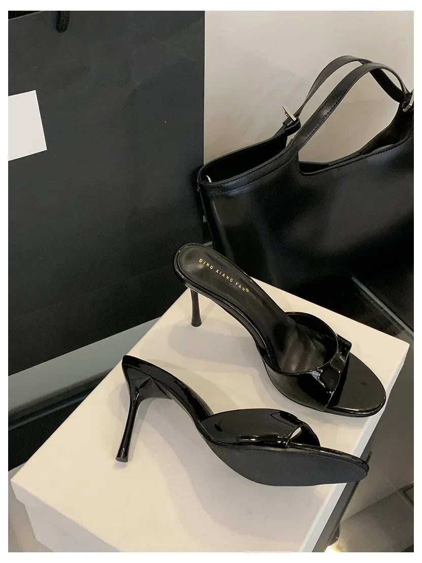 2026 Fashion Sexy Thin High Heels Slides Women Open Toe Pumps Slip Sandal Female Slippers Mule Patent Leather Outdoor Flip Flops LadyShow.Store