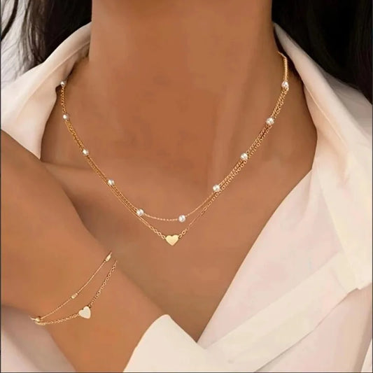 Fashion Imitation Pearl Heart Jewelry Set For Women Gold Silver Color Round Beads Necklace Bracelet Set Daily Wear Accessories Pi-Mart